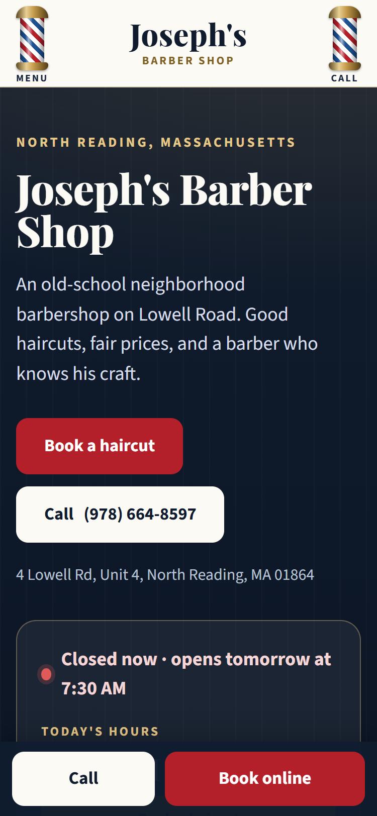 Joseph's Barber Shop home page on a phone, with Book a haircut and Call buttons and spinning barber poles
